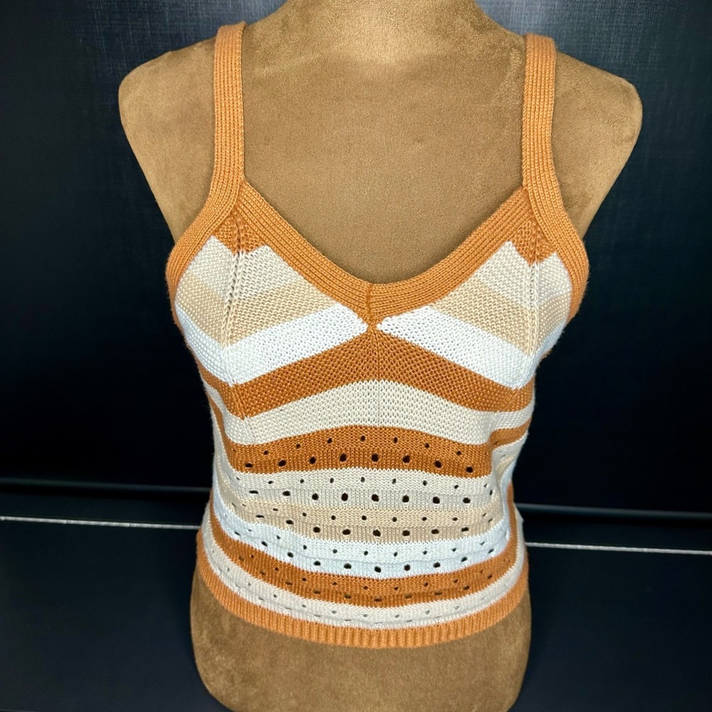 Ultra Flirt Brown Rustic Stripe V-neck Knit Crochet Crop Tank Size Small